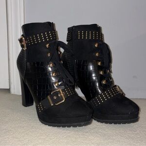 Shoe Dazzle Black and Gold Studded Heeled Boots